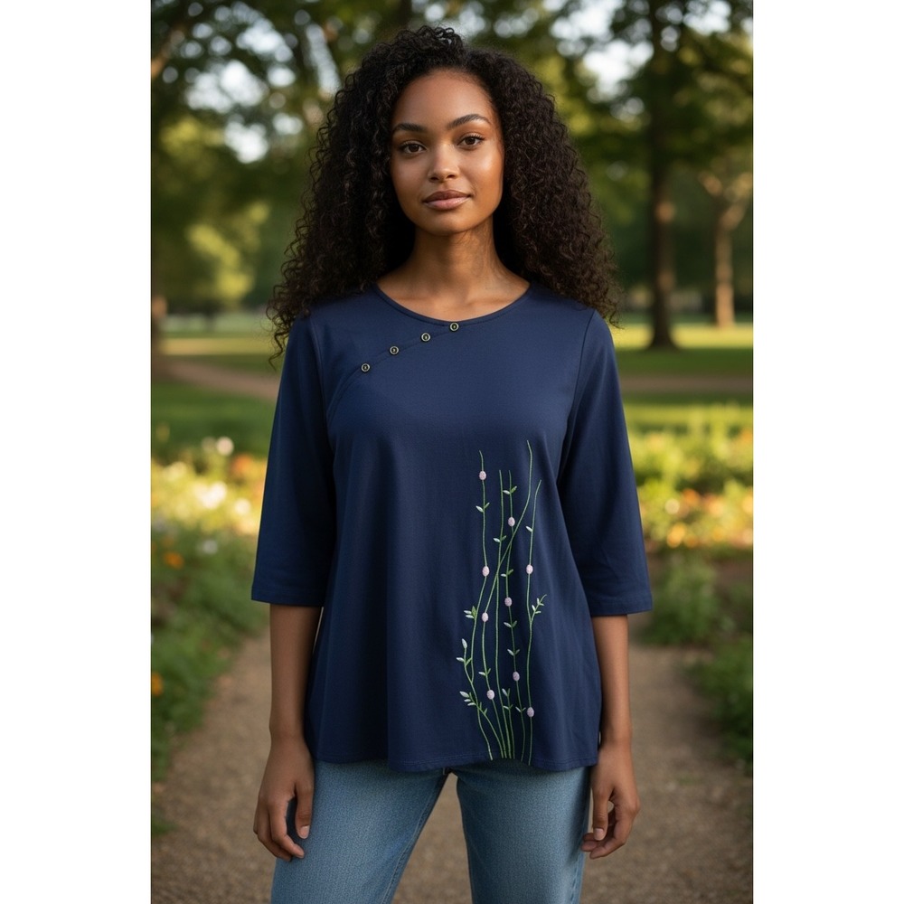 Navy Blue 100% Cotton Floral Embroidered Button Neck Tunic Top L